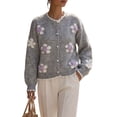 thumbnail image 2 of Women 3D Floral Applique Pearl Button Scalloped Trim Crew Neck Knit Cardigan Gray L, 2 of 9