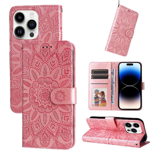 Funda tipo cartera GANGXUN para iPhone 15 Pro Max , diseño girasol, cuero PU, soporte, cierre magnético, tarjetero