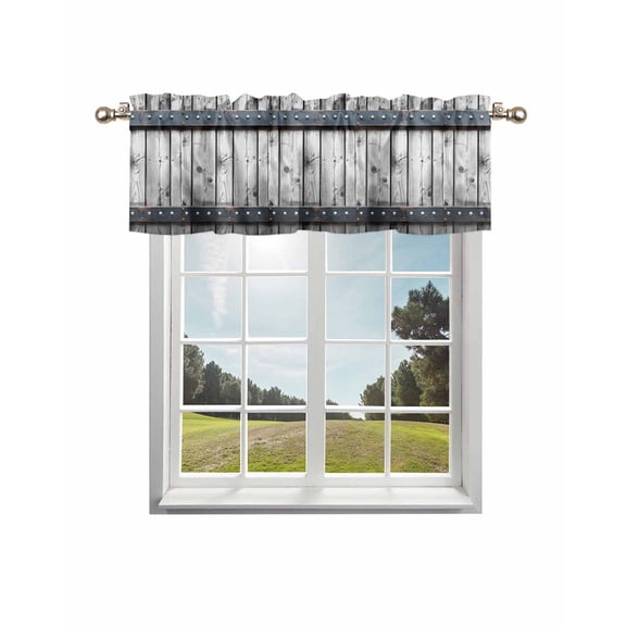 Grey Wood Grain Kitchen Curtain Valances for Windows Farmhouse Short Curtains, Country Vintage Barn Door Rustic Lodge Rod Pocket Valance Curtain for Bedroom Cafe Living Room 42"x12"