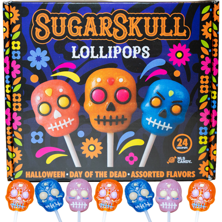 Sugar Skull Halloween Candy Lollipops, Strawberry, Blue Raspberry & Orange, 24 Count Box