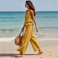 thumbnail image 7 of Women Linen Sets 2 Piece Outfits Boho Beach Travel Sets Sleeveless Ruffle Top Wide Leg Pants Lounge Matching Set,Yellow,XL, 7 of 7