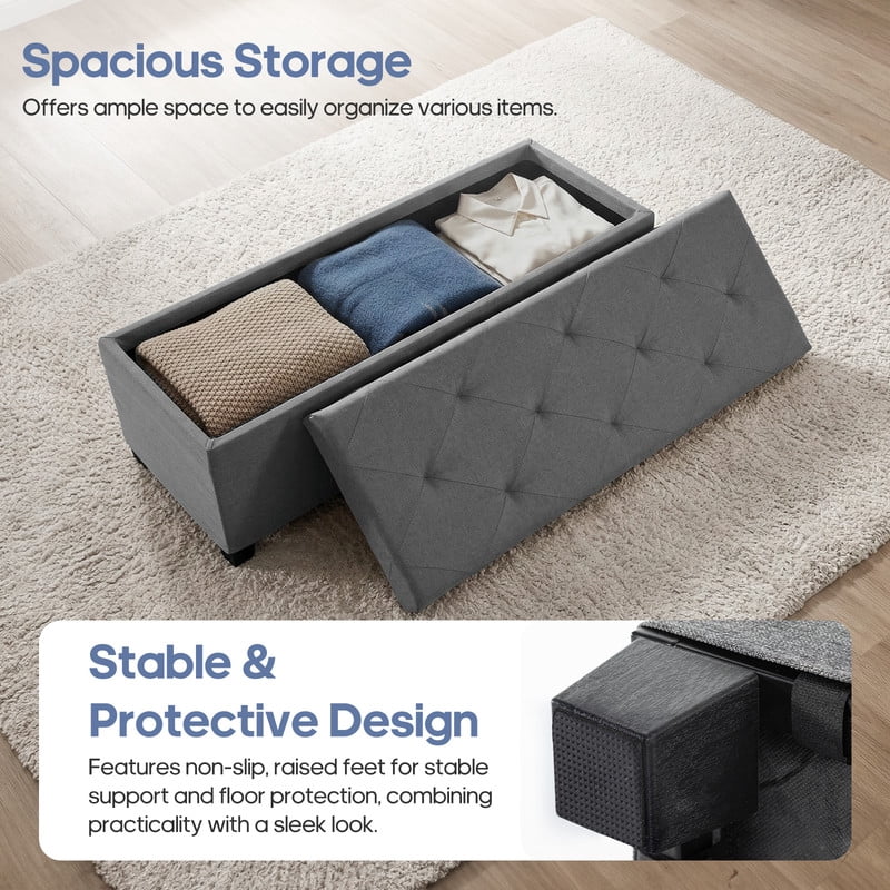 Gianna 43 Inch Storage Ottoman Bench, Tufted Upholstered End of Bed Chest, Foot Rest with Legs, Ample Capacity for Living Room, Entryway, Dark Gray