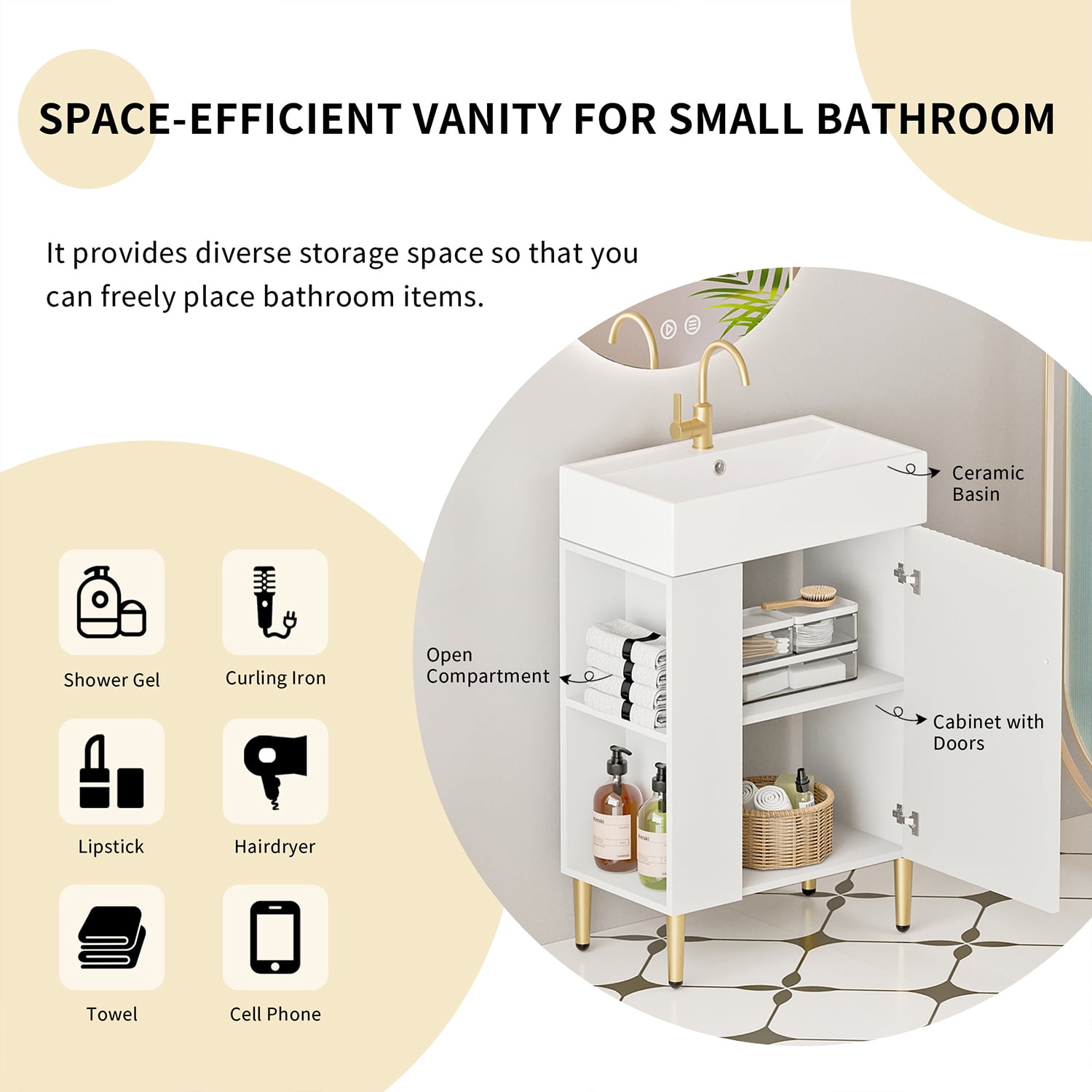 Demi Bonn 21" Bathroom Vanity with Ceramic Sink and Soft-Closing Door, Cloakroom Open Shelf Storage Cabinet on the Left Side, Faucets and Drains Not Included, White