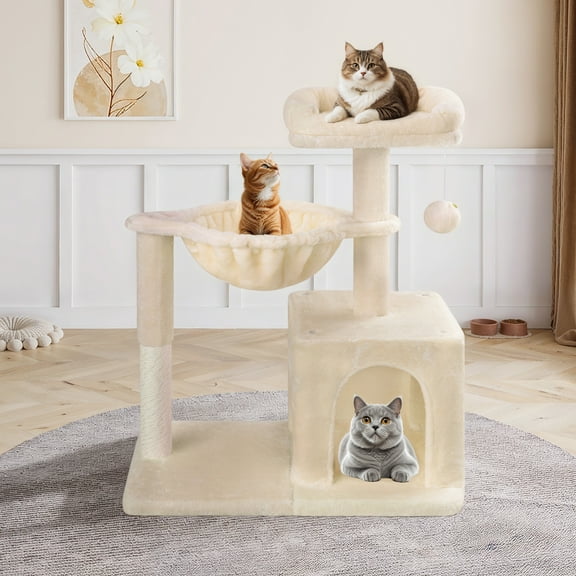 Einfach Small Cat Tree 29.5" Tower Condo with Sisal Scratcing Post Hammock Top Perch for Indoor Cats, Beige