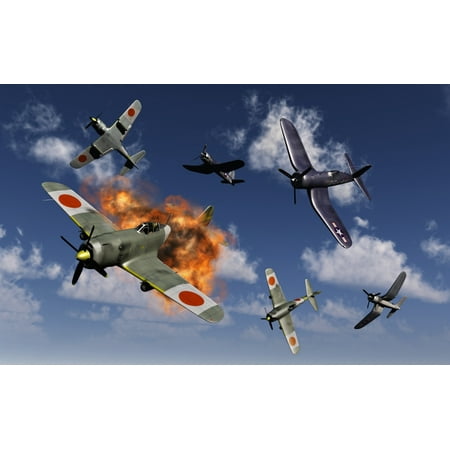 F4u Corsair Fighter Plane - American Vought F4U Corsair aircraft and Japanese Nakajima fighter planes engaged in aerial combat over the Pacific during World War II Poster Print