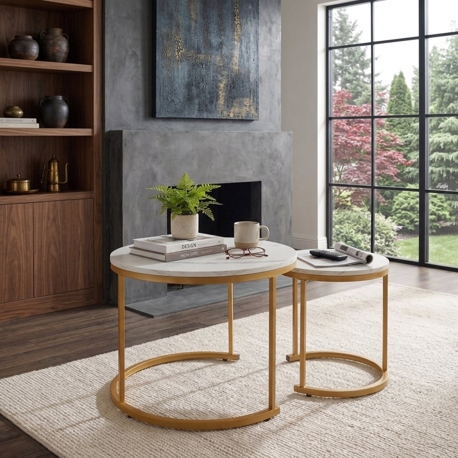 Furnibear Set of 2 Modern Round Stacking Nesting Coffee Tables with Powder Coated Steel Frame for Living Room and Bedroom, Gold