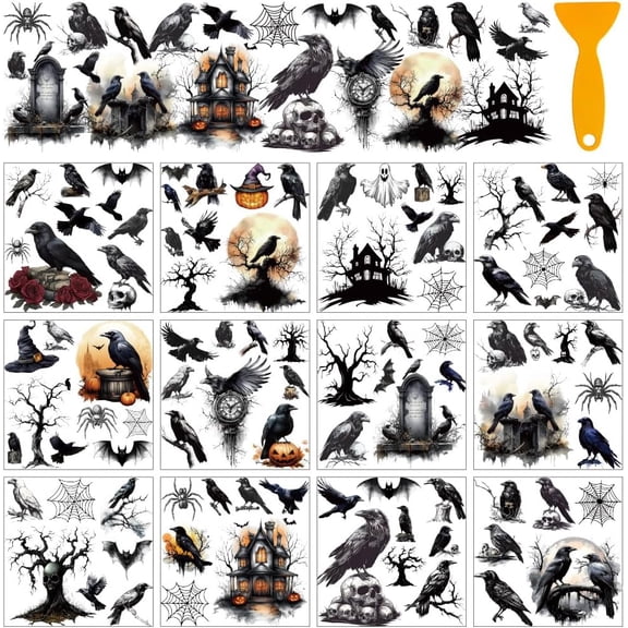 12 Sheets Rub On Transfer Stickers with Scraper Raven Bats Rub on Transfer Stickers Furniture Decals for Home Party DIY Crafts 5.5x5.5