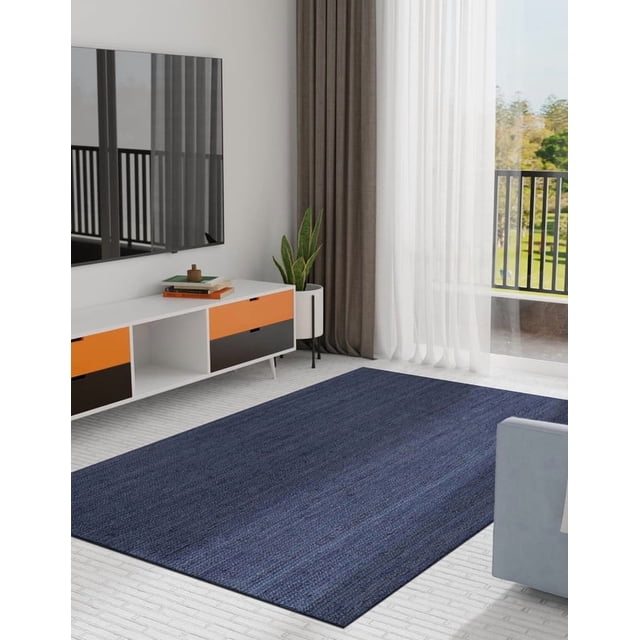 Aizza Trends 4x9 Ft Navy Blue Jute Area Rug, Boho Chic Natural Jute Area Rug - Hand-Braided, Rustic Farmhouse Decor for Living Room Carpet,