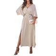 thumbnail image 3 of Women'S Satin Batwing Sleeve Cocktail Evening A Line Long Dress V Neck Ruched Loose Maxi Dress Champagne Color M, 3 of 9