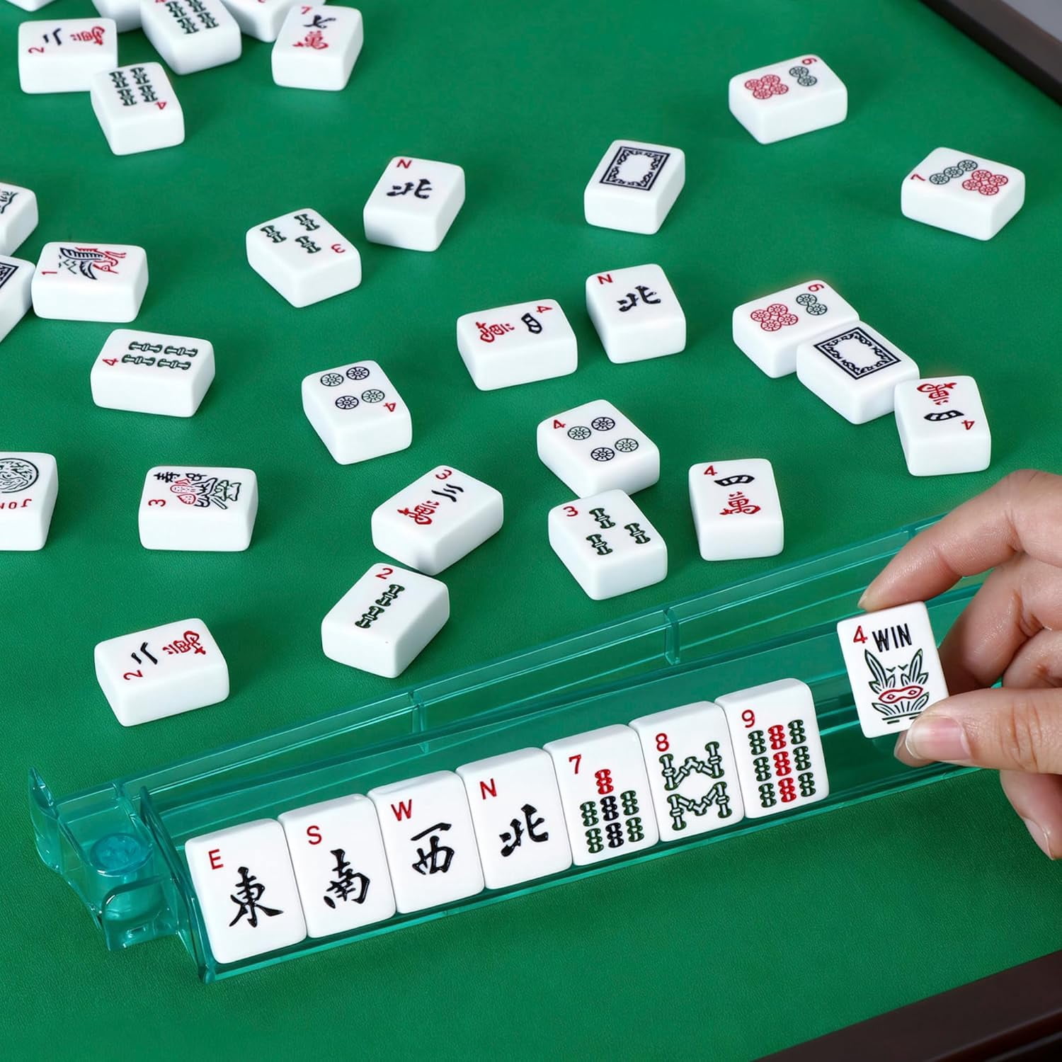 Full Size Mah Jongg Set 166 Premium Tiles, 4 Multi-Color Rack/Pushers, Travel-Friendly Red Bag, Ideal for American Mahjong & Chinese Mahjong