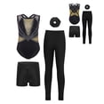 thumbnail image 4 of Hansber Kids 4-Piece Workout Sets Gymnastics Leotard with Leggings Shorts Dance Outfits for Stage Performance Black Gold 8, 4 of 5