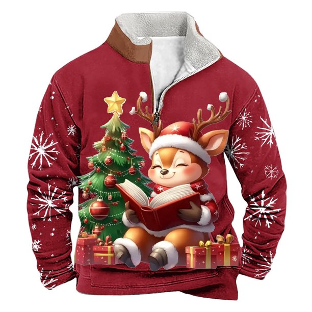 Sudadera sin capucha para hombre, de invierno, con cuello alto, cremallera, estampado navideño, jersey de manga larga, sudadera con capucha, blusa de poliéster para hombre