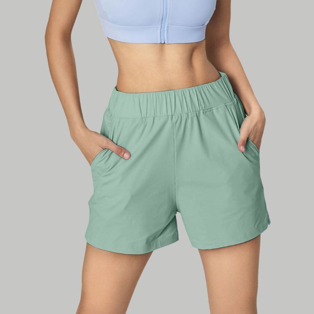 MKLEKYY Pantalones cortos deportivos para mujer, informales, de verano, para yoga, correr, entrenamiento, con bolsillos laterales divididos, cómodos, elásticos, transpirables y ligeros.
