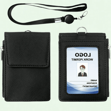 Premium Leather ID Badge Holder with Retractable Lanyard, Zipper Pocket - Black
