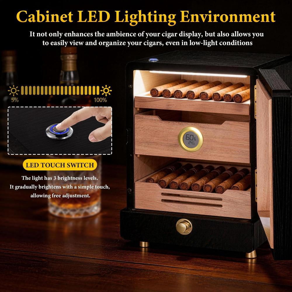 Cigars Humidor Cabinet with Cedar Wood Drawer, Precision Hygrometer and 3 Humidifiers, Christmas Gift for Cigars Lovers