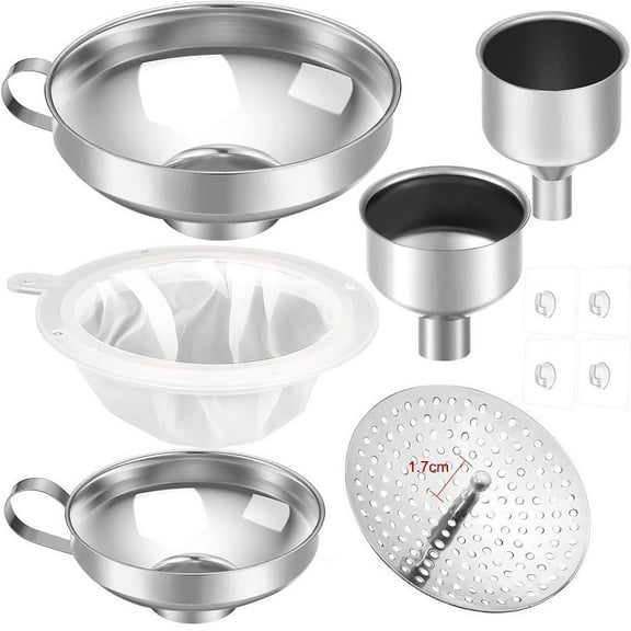 12 Pcs Metal Canning Funnels Set Wide Mouth Mason Jar Funnels for Filling Stainless Steel Kitchen Filter with Strainer Mesh Filter Brushes and Adhesive Hooks, Silver