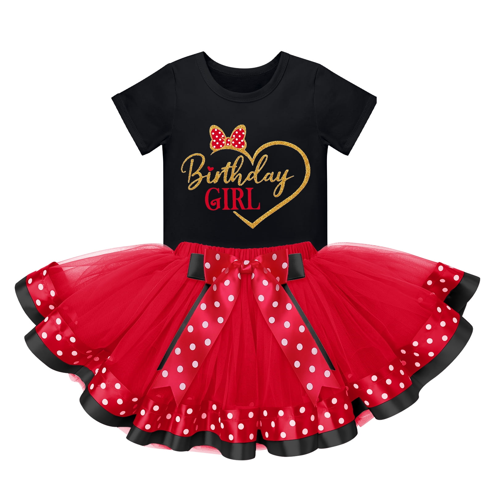 IBTOM CASTLE Toddler Girls Birthday Outfit Polka Dots Tops Tutu Skirt Mouse Ears Headband for Cake Smash Photo Shoot 4 Years Black + Red - Love Heart
