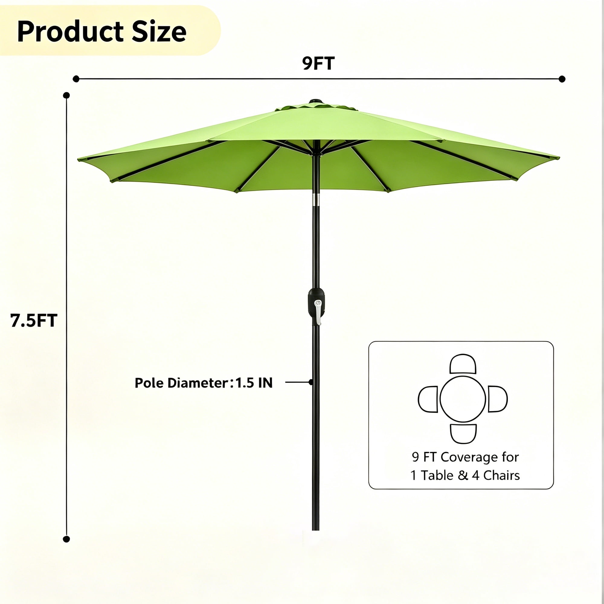 Kool 9 ft Outdoor Patio Market Umbrella with Push Button Tilt and Crank Handle, 8 Steel Ribs, Green