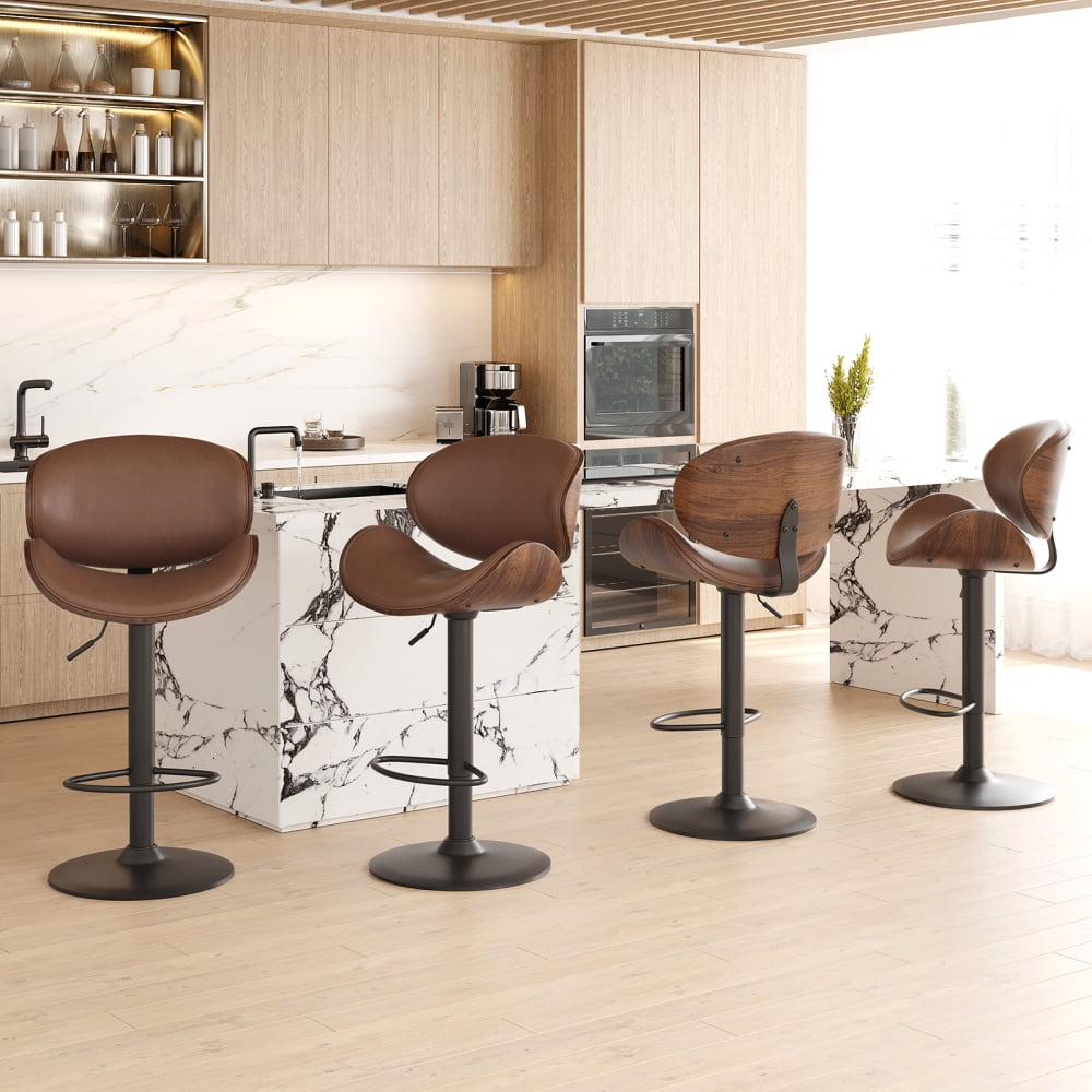 A set of 2 height-adjustable swivel bar stools with PU leather seats and backrests, featuring footrests, suitable for kitchen bar counters or home bars