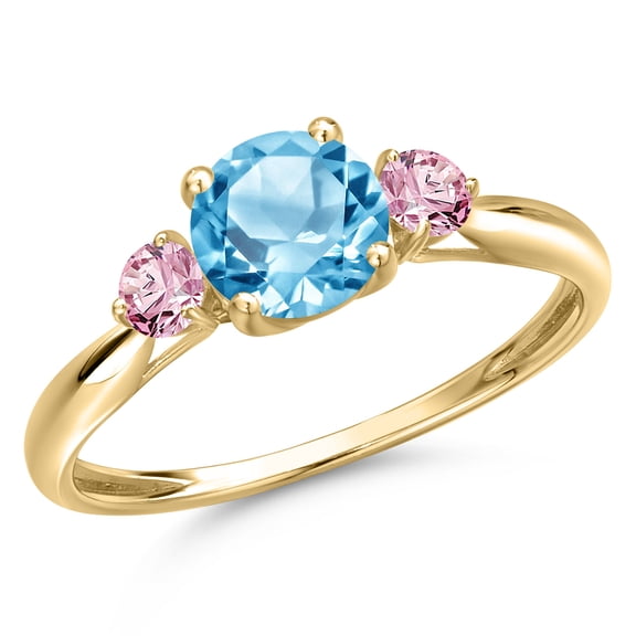 Gem Stone King 10K Yellow Gold Swiss Blue Topaz and Pink Lab Grown Diamond 3-Stone Ring for Women | 1.26 Cttw | Round 6MM | Gemstone November Birthstone | Size 7
