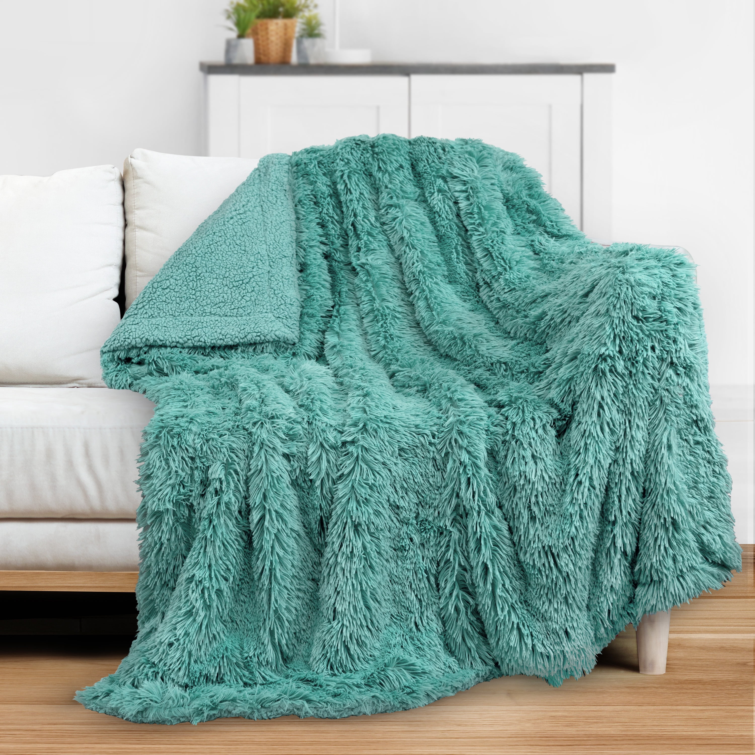 PAVILIA Soft Fluffy Faux Fur Throw Blanket, Teal Green, Shaggy Furry