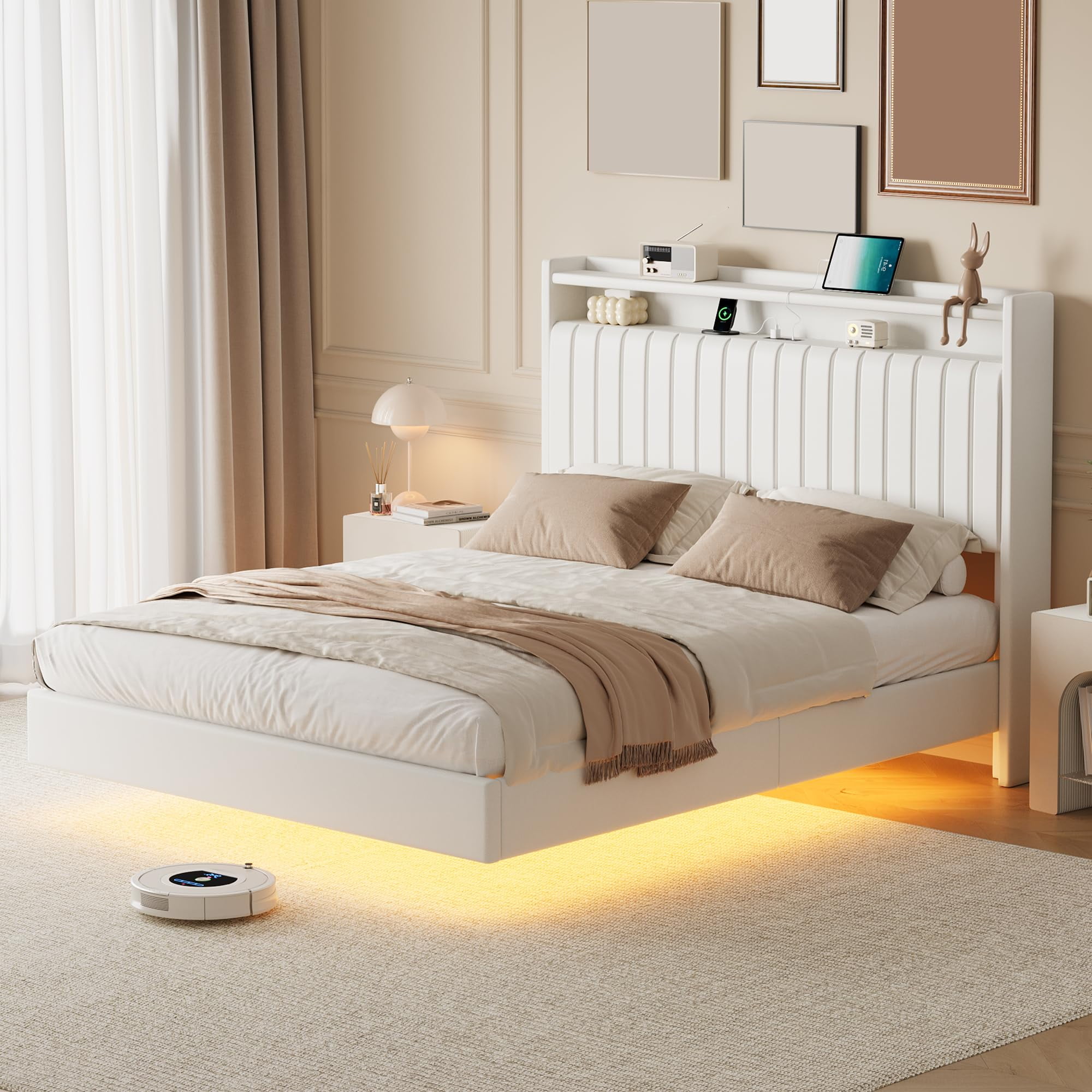 Towallmark Queen Size Floating Bed Frame with LED Lights & Charging Station,Upholstered Leather Platform Bed Frame with Headboard,50" Tall Floating Bed with Stable Structure,White