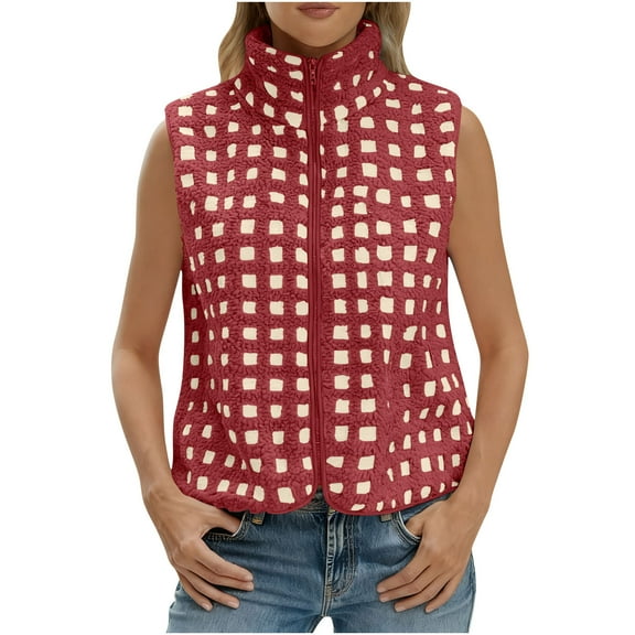 ZUKMRJPC Womens Checkered Fleece Vest Lightweight Stand Collar Zip Up Sleeveless Jacket Casual Fall Winter Warm Comfy Regular Fit Plaid Gilet