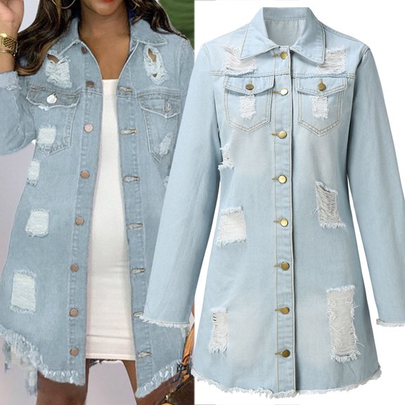 Vedolay Womens Coat Women's Jean Jackets Distresse Oversized Stretch Button Up Cropped Denim Jacket,Light Blue S