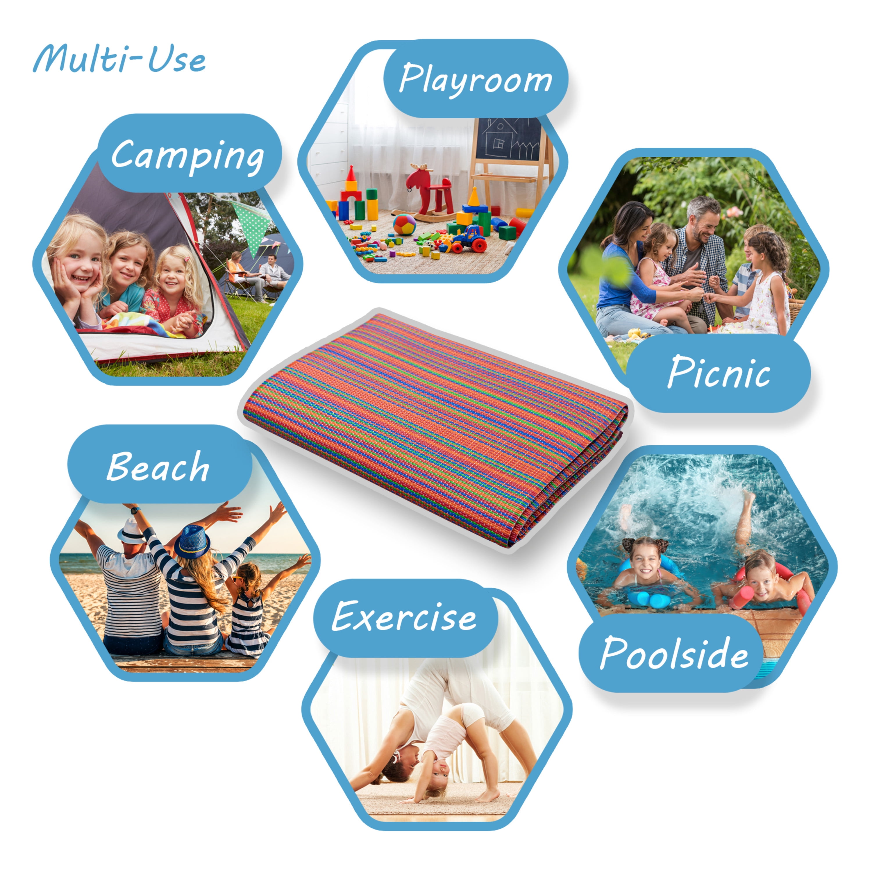 Luna Contemporary Stripe Red and Blue Polypropylene Reversible Plastic Straw Outdoor Area Rug, 5' x 6'11'' Rectangle