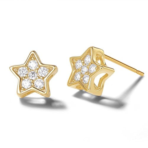 Carleen 14K Yellow Gold Plated 925 Sterling Silver Dainty Statement CZ Cubic Zirconia Bottom Bar Pearl Earrings Delicate Fine Jewelry Stud Earrings for Women Girls