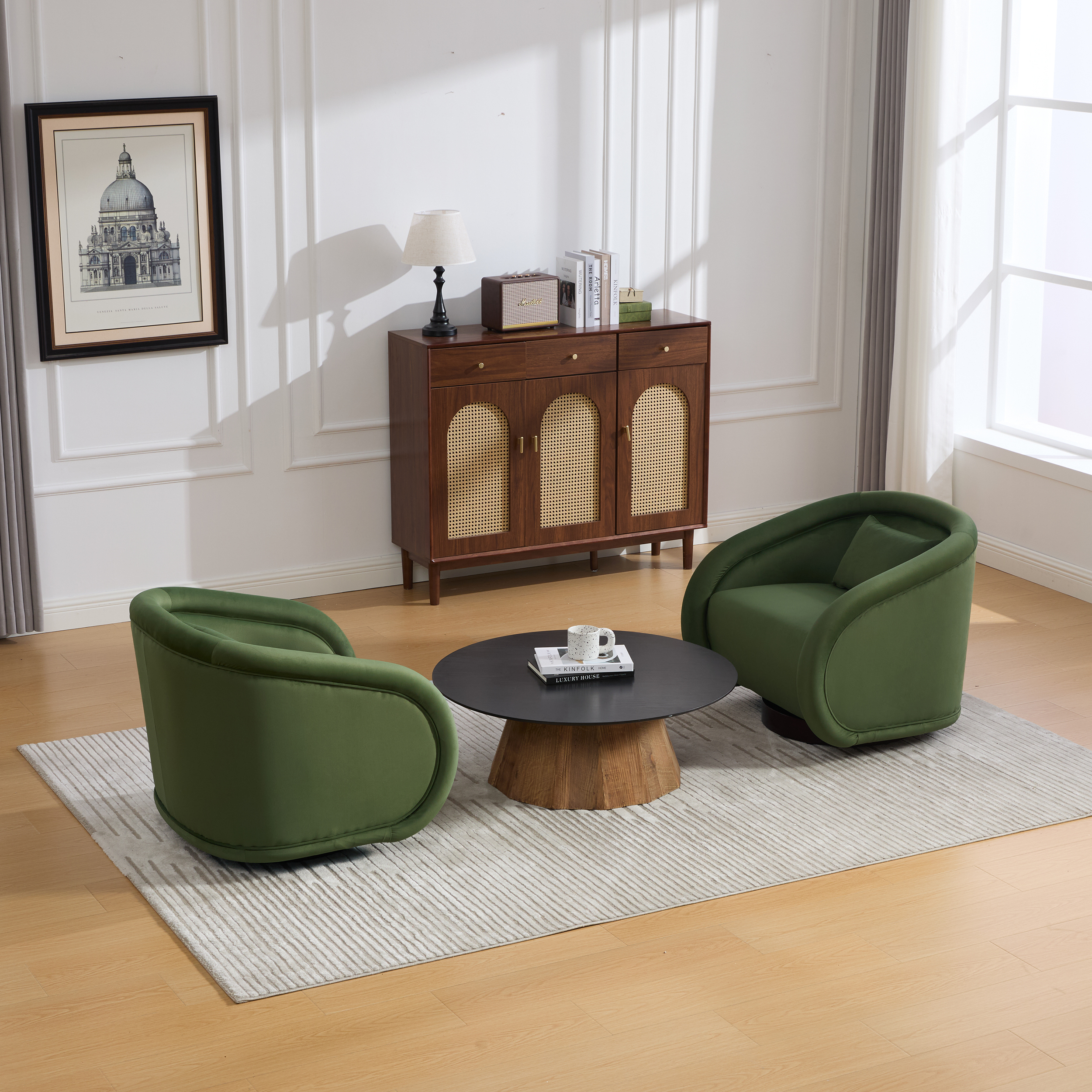 Lunale Swivel Accent Barrel Chair with Plush Pillow, 360 Degree Modern Pumpkin-Shaped Armchair for Living Room, Green Velvet