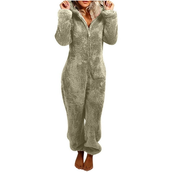 jsaierl Women Onesies Fluffy Fleece Jumpsuits Sleepwear Plus Size Hood Sets Pajamas for Adult Winter Warm Pajamas Homewear Christmas Pajamas
