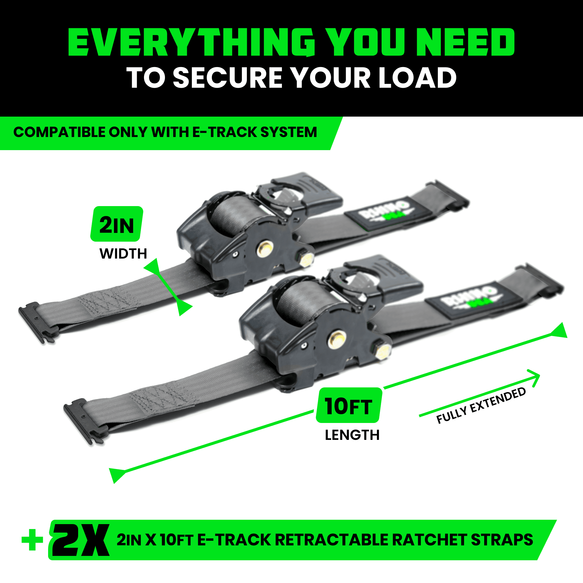 Rhino USA 2" x 10' E Track Retractable Ratchet Tie Down Straps - 3033lb Break Strength (Gray 2 Pack)