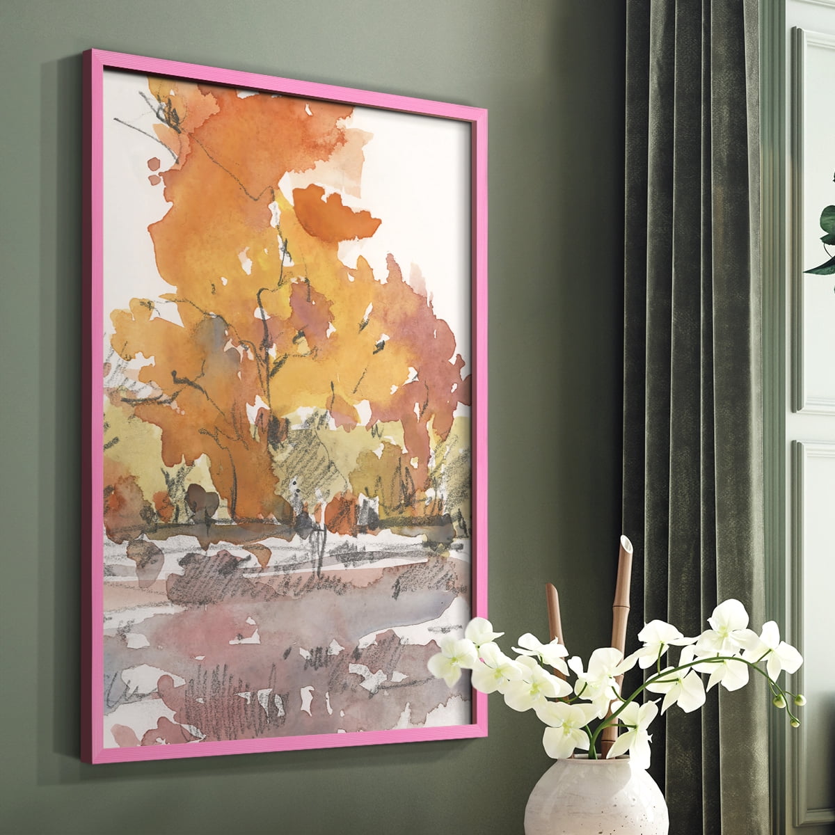 Watercolor Treeline Sketch II Framed Print in Pink Solid Wood 11 x 14 Framed Print