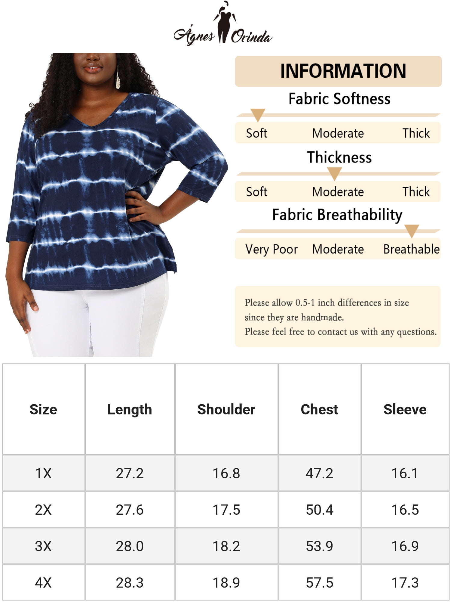 Unique Bargains Women's Plus Size 2 Packs Tie Dye V Neck Comfy Stripe Top 2X Blue/Grey