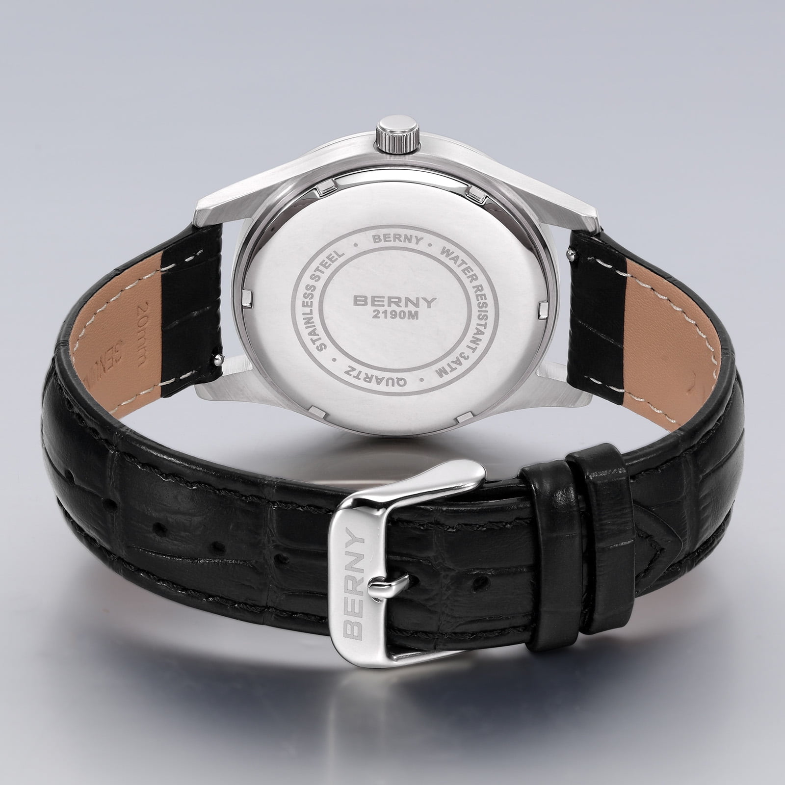 BERNY Dress Watches for Men, MultiFunction Leather Watch with Moon Phase, Day & Date Calendar, Stainless Steel Case, Easy to Read, Waterproof, Classic Analog Quartz Wrist Watch (Black)
