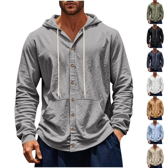WRKEKC Hoodies for Men, Men's Long Sleeve Shirts, Men's Linen Trendy Casual Solid Color Button-Up Hooded Long Sleeve Shirts with Pocket