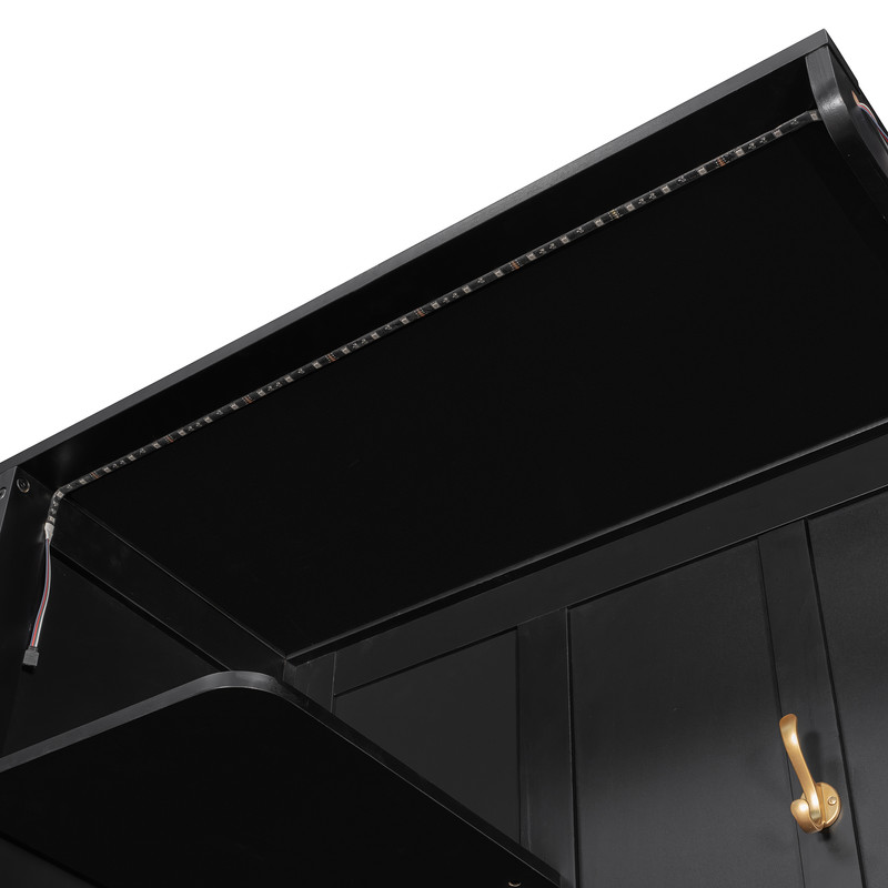 Queen Murphy Bed with Shelves, Coat Hook & Hidden Storage Cabinet, Space-Saving Wall Platform Bed with Built-in Lights
