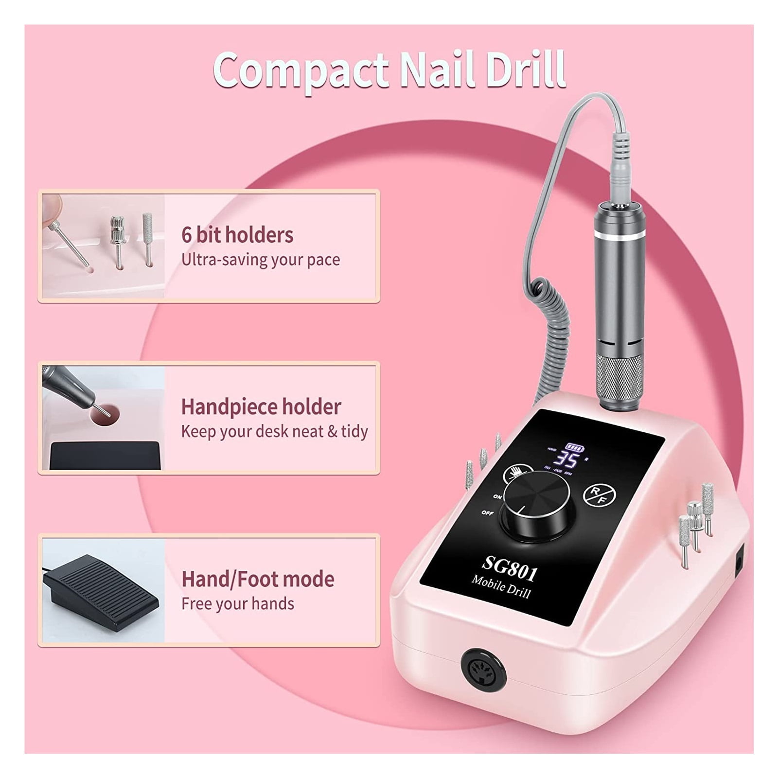 Professional Nail Drill, 35000RPM Electric Nail File Machine With Bits & Foot Pedal, Rechargeable Cordless E File For Manicure ,Low Noise