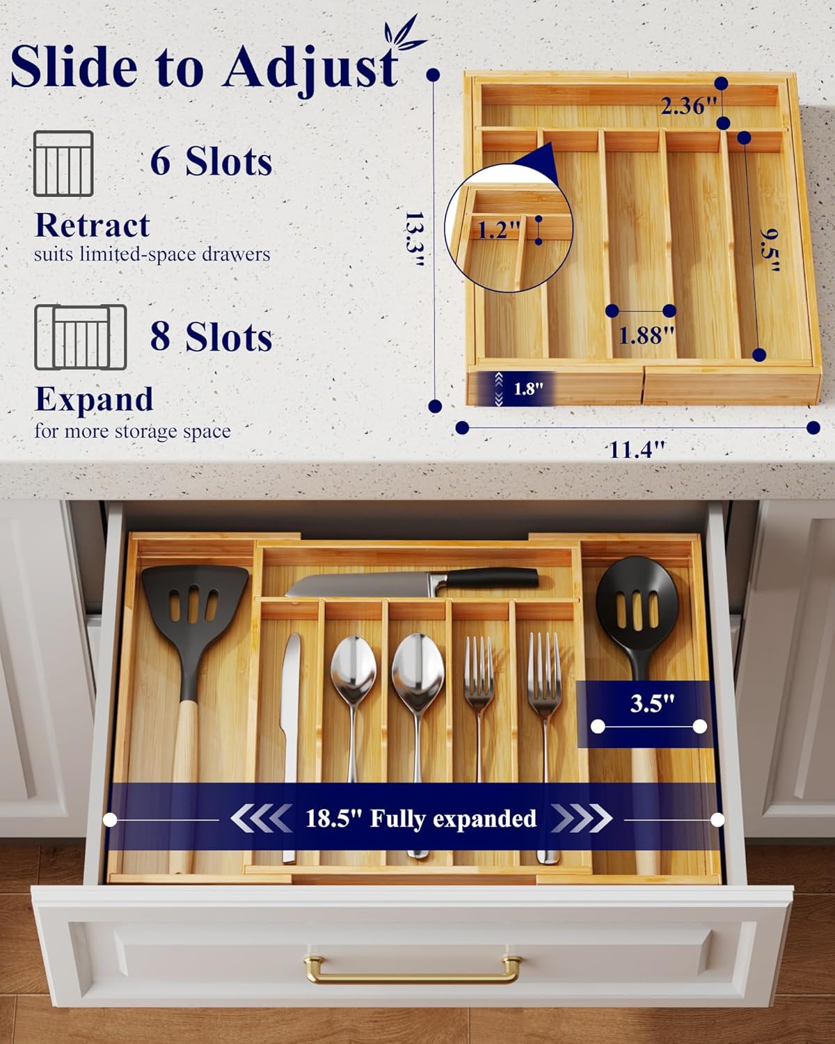 Silverware Organizer - Expandable Bamboo Kitchen Drawer Organizer for Cooking Utensils and Cutlery, Sturdy & Thickened Kitchen Organizers and Storage Solution, Large, Natural