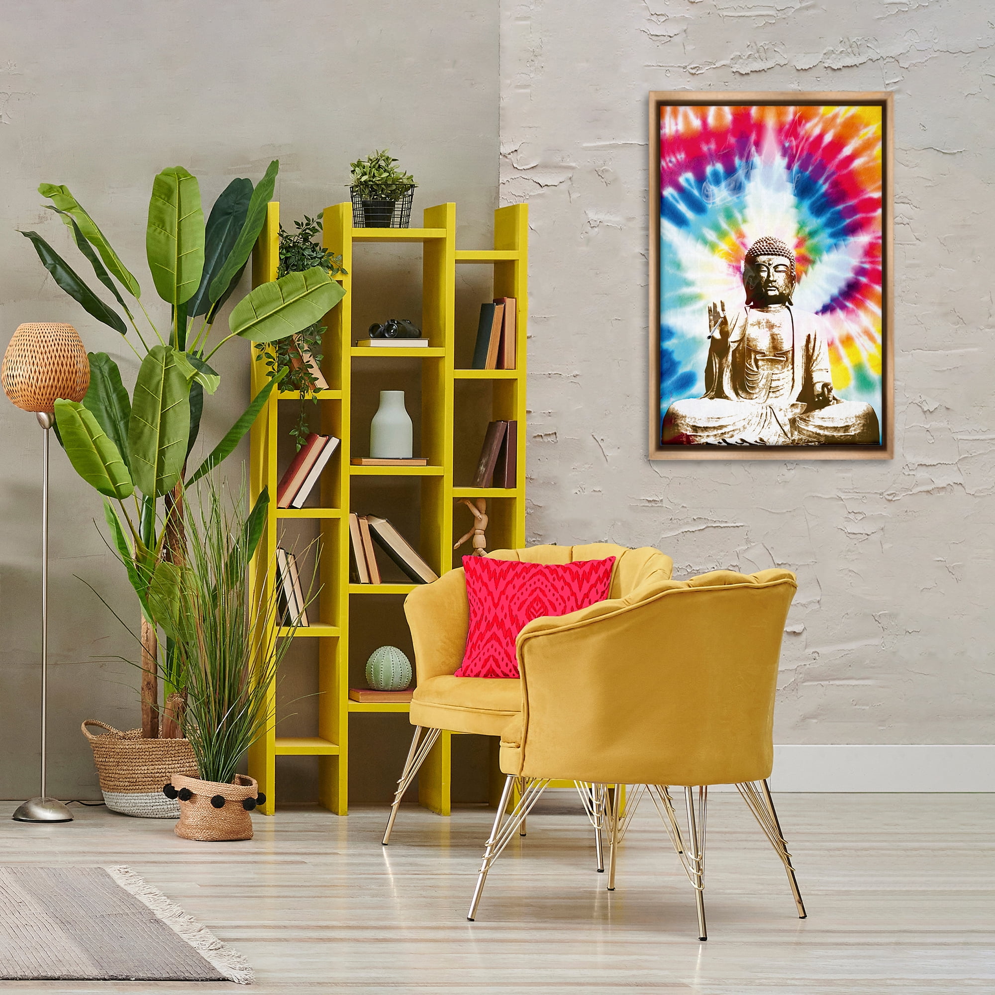 Stupell Industries Hippie Tie Dye Buddha Novelty & Humor Painting Brown Floater Framed Canvas Art Print Wall Art, 21 x 31