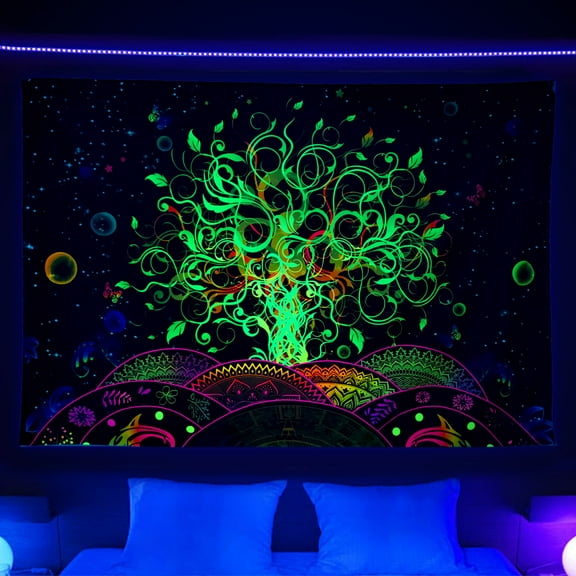 Tree of Life Tapestry Wall Hanging, Fashion Black light UV Reactive Aesthetic Bedroom Tapestry, Hippie Galaxy Space Tapestry Dorm Living Room 60x40 in