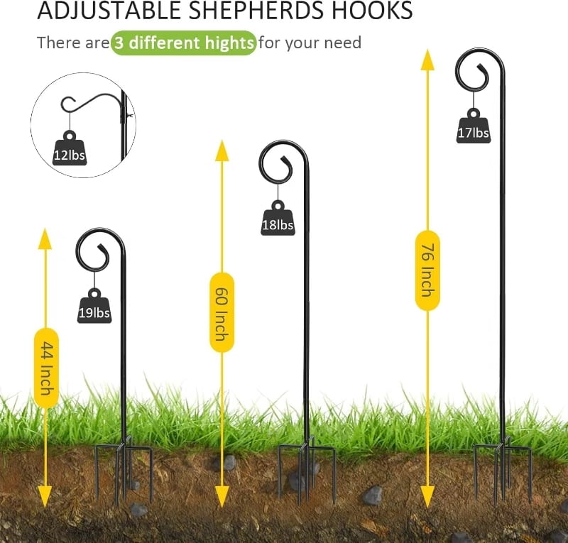 Circles 76 Inch Shepherds Hooks for Outdoor 2 Pack, Bird Feeder Poles with 4 Hooks, Shepherds Hook for Bird Feeders Outside with Base, Garden Pole for Hanging Plant Baskets, Weddings Decor (76 Inch)