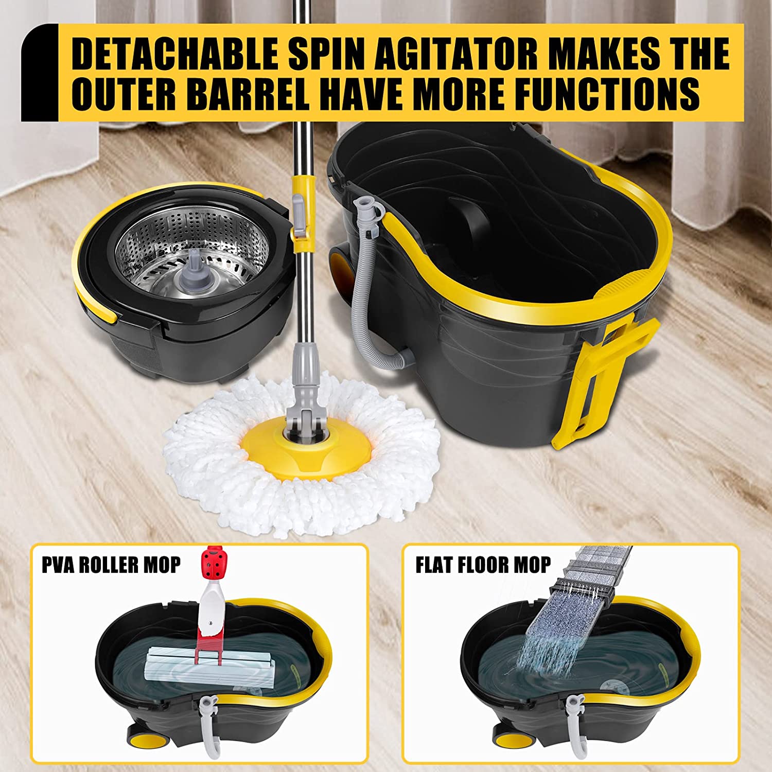 Spin Mop and Bucket on Wheels, Mop and Bucket Set, 360°Spinning Mopping  Bucket with 3 Microfiber Refills & 61 Extended Mop Rod for Floor Cleaning