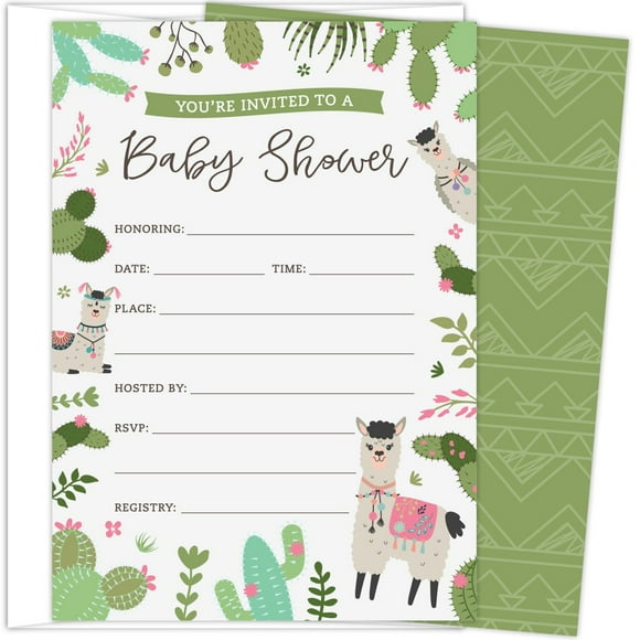 Koko Paper Co. Llama Baby Shower Invitations. Set of 25 Gender-Neutral Fill-in Invites and White Envelopes Featuring Colorful Cactus and Floral Accents.