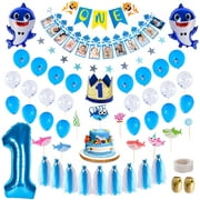 Blue Baby Shark Birthday Decorations 1st Boy with Crown, First Birthday Boy Decorations Number 1 Balloon Shark Cake Decorations Highchair 12 Months Photo Banner