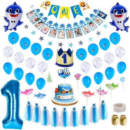 Blue Baby Shark Birthday Decorations 1st Boy with Crown, First Birthday Boy Decorations Number 1 Balloon Shark Cake Decorations Highchair 12 Months Photo Banner