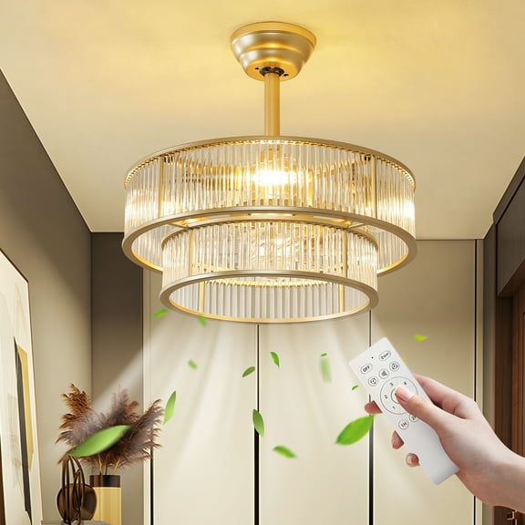 20" Gold Glass Chandelier Ceiling Fan with Light Remote Control, Gold Fandelier Ceiling Fans with Lights, Caged Mid Century with 6 Speeds for Bedroom, Living Room, Nursery