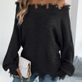 thumbnail image 3 of Women's Openwork Knit Sweater Casual Long-Sleeved Off-The-Shoulder Top With Frayed Edges, 3 of 7