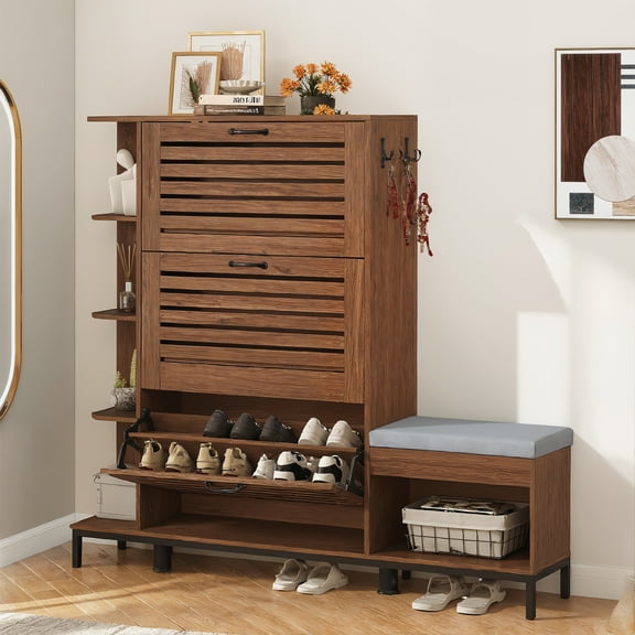 Vabches Shoe Cabinet with Bench & 5 Shelves, Freestanding Shoe Rack Storage Organizer with 3 Louvered Doors for Hallway Entryway